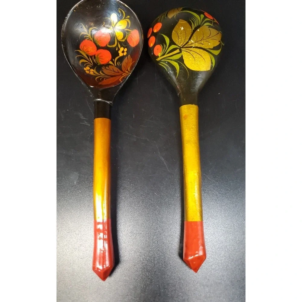 Russian Khokhloma  Spoons, Set Of 2.             7 & 5/8
